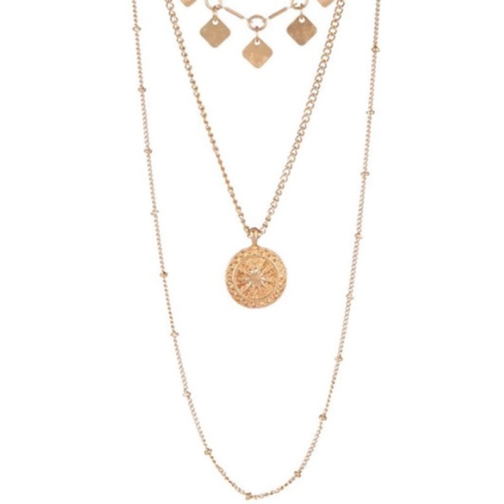 NWT Bay Studio Goldtone 3-Row Shakey Disc Chain Necklace